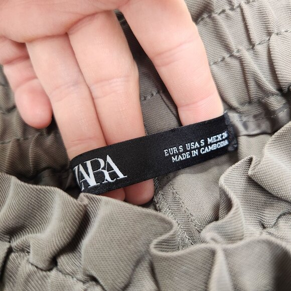 Zara Olive Green Paperbag Waist Trousers Pants Straight Leg Women's S - Picture 5 of 7